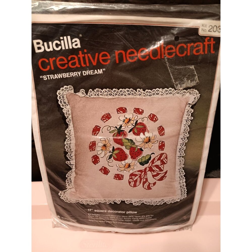 Vintage Bucilla Strawberry Dream Needlecraft, Lace Trim, Decorative Pillow Kit